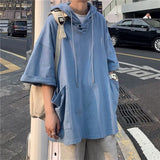 Jinquedai Men's Trend Pockets Patchwork Loose T Shirts Summer New Short Sleeve Hooded Solid Youth Tops Tees Fashion Harajuku Men Clothing jinquedai