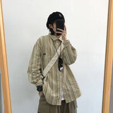 Jinquedai College Retro Men  Two-piece Japanese Casual Set Loose Striped Shirt+large Pocket Drawstring Wide Leg Pants New Unisex Suit jinquedai