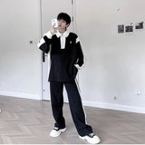 Elegant Black White Color Contrast Sports Shirt Set Long Sleeved Polo Shirt Sweatpants Two Piece Set Casual Handsome Tracksuit jinquedai