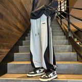 Jinquedai Baggy Casual Side Stripe Men Sweatpants Thicken Warm Korean Style Patchwork Color Clash Sports Pants Harajuku Man Trousers jinquedai