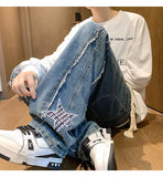 Jinquedai Spring New Star Embroidery Burrs Patchwork Jeans Fashion Streetwear Loose Straight-leg Denim Pants for Men and Women 5XL-M jinquedai