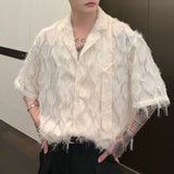 Jinquedai Men Shirt Solid Tassel Transparent Lapel Short Sleeve Casual Tops Summer Streetwear Korean Sexy Shirts Fringe LGBT Unisex Blouse jinquedai