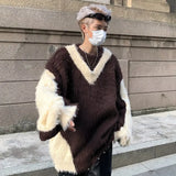 American Niche Irregular Design Sweater Men Fake Two Piece Pullover Fur Top Contrast Color Male Tops Fashion jinquedai