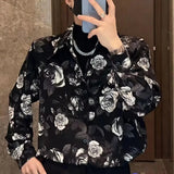 Jinquedai  New Spring and Summer Fashion Trend Casual, Handsome, Non Ironing, Loose, and Luxury Rose Print Men's Long Sleeve Shirt jinquedai