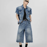 Jinquedai High Street Denim Set Men Pockets Shoulder Pad Cowboy Shirt+Wash Wide Leg Seven Point Jeans 2-pcs Summer Hip Hop Motorcycle Suit jinquedai