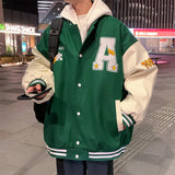 Jinquedai Hip Hop Men's College Varsity Jacket, Baseball Vintage Color Block Jacket Casual Streetwear Baseball Uniform Coats Letters Print jinquedai