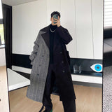 Jinquedai  Autumn Winter Fashion Color Block Patchwork Medium Long Woolen Coat Men's Loose Trend Bandge Long Coat With Belt jinquedai