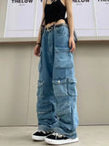 Multi-Pocket Blue Washed Cargo Pants Y2k Retro High Street Fashion High Waist Jeans Couple Harajuku Simple Casual Wide Leg Pants jinquedai