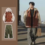 Jinquedai Japanese Casual Men 2-piece College Letter Printed Hooded Jacket+oversized Multi Pocket Wide Leg Pants Set Fashion Couple Suits jinquedai