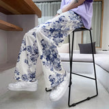 Jinquedai Summer Flower Pants Men Oversized Printed Wide Leg Pants Men Streetwear Korean Loose Straight Casual Pants Mens Trousers M-3XL jinquedai