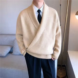 Vintage Wrap V Neck Sweater Men Autumn Winter Warm Knitted Pullovers for Mens Casual Loose Solid Long Sleeve Sweaters Streetwear jinquedai