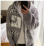 Jinquedai New Knitted Hat Deer Open Cardigan Sweater Autumn Men's Fashion Harajuku Versatile Personality INS Trend Pullovers jinquedai