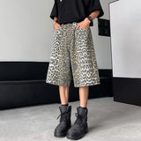 Jinquedai  Leopard Print Design Personality Trendy Seven-point Pants 2024 Korean Original New Men Fashion Street Men's Shorts jinquedai