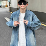 Jinquedai Washed Stand Collar Denim Jacket Men Fashion Street Japanese Harajuku Zipper Cowboy Cardigan Retro Trendy Loose Spring Coats jinquedai