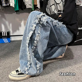 Jinquedai Burrs Jeans Men's Fashion Hiphop High Street Straight Pants Harajuku Loose Casual Streetwear Elastic Waist Denim Trousers jinquedai