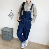 Jinquedai Men's Jeans Denim Overalls Loose Plus Size Cropped Pants Straight Suspenders Jumpsuits Pockets Blue Cowboy Pants Trousers jinquedai