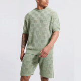 Jinquedai Leisure Men's Knit Clothing Solid Hollow Out Casual Two Piece Suits 2023 Spring Summer Men Fashion O Neck T Shirt And Short Sets jinquedai