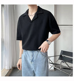 Jinquedai Young men's light Cuban collar shirt short-sleeved men's fashion knitted polo shirt loose casual T-shirt black white gray jinquedai