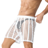 Jinquedai Sexy Men Transparent Boxer Shorts Gay Shorts Stripe Mesh Sheer See Through Sleep Bottom Sleepwear Leisure Homewear Casual Shorts jinquedai