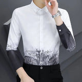 Jinquedai Korean Autumn 2024 Men's New Patchwork Square Collar Button Printing Geometric Business Minimalist Casual Long Sleeved Shirts jinquedai