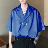 Jinquedai  Collar Short Sleeve Shirt Men Summer Thin Design Ice Silk Drape Shirts Korean Fashion Satin Blouse Unisex Streetwear jinquedai