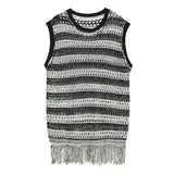 Striped Mesh Vest for Men Vintage Knit Tank Tops Sleeveless Tee Male Casual Summer Beach Japanese Streetwear Hip Hop jinquedai