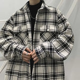 Plaid Long-sleeved Shirt Men's Single-breasted Spring Autumn Loose Warm Thick Woolen Coat Pocket Buttons Turndown Collar Shirts jinquedai