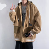 Jinquedai Streetwear Men's Loose Corduroy Jacket Autumn Korean Styles Tooling Big Pocket Patchwork Hooded Baseball Uniform Jacket Unisex