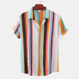 Jinquedai Summer Men Colorful Striped Shirts Fashion Hawaiian Blouse Casual Short Sleeve Button Shirts Tops jinquedai