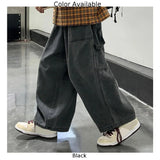 Jinquedai Mens Pants 1 Pc Black Casual Cotton Blend Japanese Harajuku Loose Wide Leg Cargo Pants Multi-pocket Jeans Comfy jinquedai