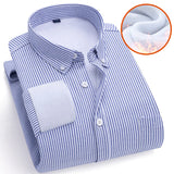 Jinquedai Autumn Winter Men Striped Warm Non-ironing Long Sleeve Fleece Thick Oxford Spinning Business Casual Shirts Men Clothing jinquedai