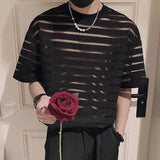 Jinquedai  Men T Shirt Mesh Striped O-neck Short Sleeve Transparent Men Clothing Streetwear Sexy Korean Fashion Tee Tops S-5XL jinquedai