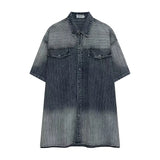 Jinquedai Japanese Gradient Denim Shirt Men Couple College Loose Straight Short Sleeved Cowboy Tops Halo Stained Harajuku Trend Jackets jinquedai