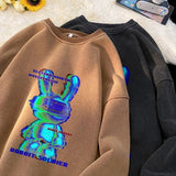 Jinquedai Retro Washed Old Men's Sweatshirt Dark Mechanical Rabbit Print Crew Neck Pullover Sweatshirts Tide Oversize Long-sleeved jinquedai