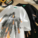 Jinquedai Flame Print T-Shirt 2024 Tide Men's Short Sleeve Tops Hip Hop Streetwear Black White Flame T-shirt Couple Tees Men Women jinquedai