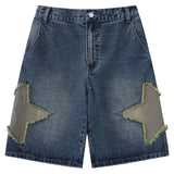 Jinquedai Men Jeans Shorts Y2K Harajuku Retro Embroidery Star Patch Baggy Denim Shorts Streetwear Summer Fashion Casual Short Pants Blue