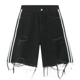 Jinquedai Side Striped Ripped Denim Shorts Fashion Distressed Tassel Black Jeans Shorts Men Summer Streetwear Harajuku Hip Hop Y2K Shorts jinquedai