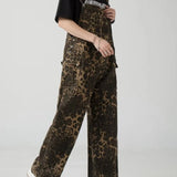 Jinquedai 2024 Spring New Leopard Pattern Sling Pants Men American Retro Street Wide Leg Couple Jumpsuit Big Pocket Buttons Camisole Pants jinquedai