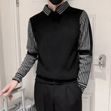 Jinquedai Men's Clothing Autumn Winter Contrast Color Striped Long Sleeve Turn-down Collar Pullover Sweater Knitted Fake Two Pieces Tops jinquedai