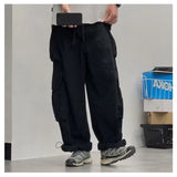 Jinquedai New Multi Pocket Trend Cargo Pants Men Japanese Street Drawstring Tooling Trousers High-quality Wide Legs Overalls Male 2024 jinquedai