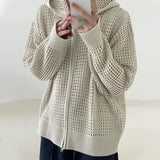 Knit Mesh Coat for Men Hole Hooded Cardigan Long Sleeve Tee Male Hollow Out Casual Summer Japanese Streetwear Hip Hop jinquedai