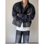 Jinquedai Men Hip-hop Denim Jacket Gradient Rough Edge Shoulder Pads Cowboy Coat Single Breasted Short Fashion Casual Men Outwear New jinquedai