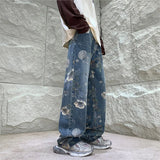 Jinquedai Mens Fashion Printed Jeans 2024 Spring Floral Denim Mopping Trousers Korean Style High Street Loose Hip Hop Wide-leg Jean Pants jinquedai