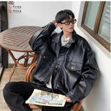 Jinquedai Retro Motorcycle Soft Leather Jacket Men Japanese Faux Leather Flip Collar Pu Bomber Coat  Autumn Winter Fashion Outwear jinquedai