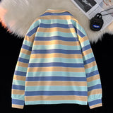 Jinquedai  Men Sweatshirt 2024 Spring Campus Colors Striped Print Patchwork Turndown Collar Tops Harajuku Women Sweatshirts Pullover jinquedai