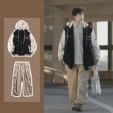 Jinquedai Japanese Casual Men 2-piece College Letter Printed Hooded Jacket+oversized Multi Pocket Wide Leg Pants Set Fashion Couple Suits jinquedai