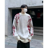 Jinquedai 2024 NEW Printed Sweater Men Japanese Harajuku Fashion Couple Knitwear High Street Retro Color Block Round Neck Pullover Male jinquedai