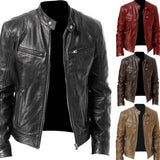 Fashion Mens Leather Jacket Slim Fit Stand Collar PU Jacket Male Anti-wind Motorcycle Lapel Diagonal Zipper Jackets Men jinquedai