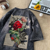 Jinquedai  Gothic Washed Tshirts Rose Printed Streetwear Men T-shirt O-neck Oversized Korean Short Sleeve Tops Harajuku Casual Male Tee jinquedai