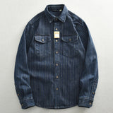 Jinquedai  Retro Casual Wear Men's Shirt Coat Washed Denim Cargo Jeans Oversized Tops Vertical Stripped Long Sleeve Male